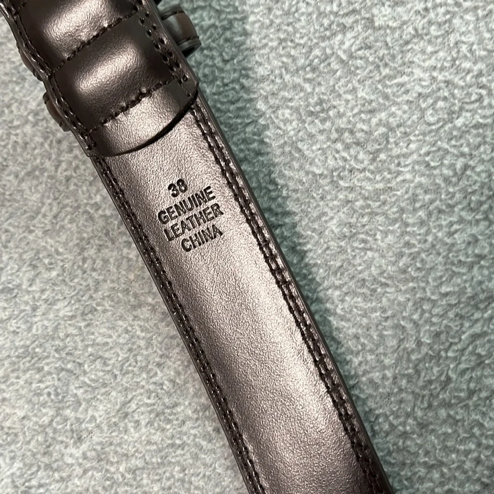 Mens Brown Leather Belt Size 38 Silver Tone Metal Buckle